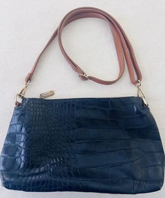 Bolso de Mano Valentina Bandolera Cuero de Cocodrilo Repujado Hecho en Italia Azul Oscuro Foto 1 de 4