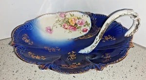 Antique Royal Bavarian Porcelain Handle Dish w/ Enamel Flowers & Gold Gilt - Picture 1 of 21