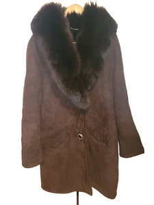 SHEARLING ECHT LAMMFELL LEDER SHEARLING BRAUN WILDLEDER JACKE MANTEL FOXCOLLAR 44/US8 - Bild 1 von 24