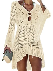 Cover Up Kleid Damen Einheitsgröße creme hellbraun Häkel Strick Netz Boho Bohemian - Bild 1 von 8