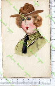 BB-25)- WW1 - CARTOLINA SATIRICA DISEGNO AQUARELLO 1921 SOLDATESSA USA - Picture 1 of 2