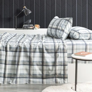 Park Avenue 175GSM Cotton Flannelette Queen Fitted Sheet Set Heathered Plaid - Picture 1 of 4