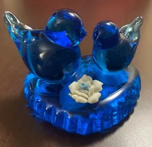 Glass Love Bluebirds of Happiness On Heart Paperweight Signed - Picture 1 of 7