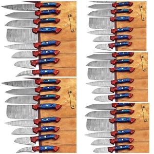 Custom Lot of 5 Damascus Kitchen Knives Set/Chef knife set with Leather roll bag - Picture 1 of 6