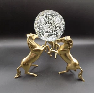 Vintage Brass 3 Horses Trio Stand Sculpture w/ 3.5" Crystal Ball Bubble Orb - Picture 1 of 17