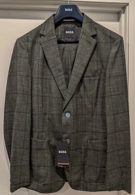 BOSS by Hugo Boss Seersucker Slim EUR 50 Suit Green Check Wool Linen BRAND NEW - image 1 of 4