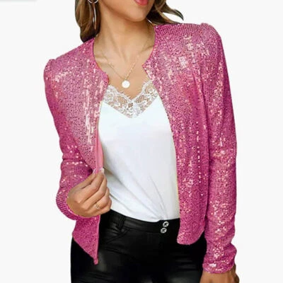 NUEVO Chaqueta Blazer Abrigo Manga Larga Lentejuelas Frente Abierto Para Mujer Prendas de abrigo Prendas para el torso Foto 1 de 4