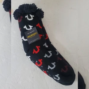 TRUE RELIGION SHERPA FLEECE-LINED THERMAL SLIPPER SOCKS MEN'S SIZE 10-13 BLACK  - Picture 1 of 3