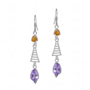 Citrine & Amethyst Teardrop Shaped Gemstone 925 Sterling Silver Earring - Picture 1 of 3
