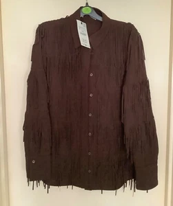 Zara Brown ZW Collection Maxi Fringe Faux Suede Shirt size M - Picture 1 of 4