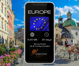 Europe - 3 Go - 10 Go pendant 30 jours - Mobile Data eSIM - Livraison rapide - Photo 1/1