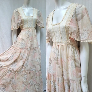 VTG 1970s Romantic Boho Prairie Dress w/ Angel Sleeves Floral Cotton Voile - S - Picture 1 of 8
