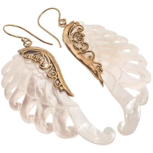 Exquisite White Wing Oyster Mother Of Pearl Shell Hand Carving Earrings, 2" - Picture 1 of 3