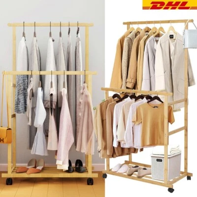 Garderobenständer Kleiderständer Holz Kleiderstange mit Rollen Herrendiener - Bild 1 von 4