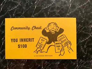 Monopoly VINTAGE COMMUNITY CHEST CARD You Inherit $100 PARKER BROTHERS - Picture 1 of 1