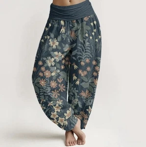 Buddha Stones Daisy Flowers Leaves Design Harem Pants - Picture 1 of 5
