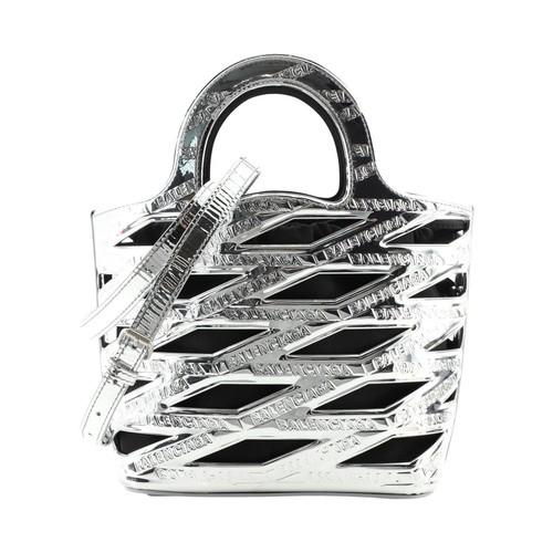 Borsa a tracolla piccola Balenciaga Neo Basket in pelle argento metallizzato NUOVA