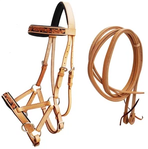 Horse Western Leather Sunflower Bitless Sidepull Bridle Reins Hackamore 77RS26TN - Picture 1 of 3