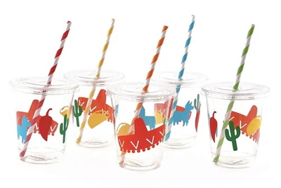 Fiesta Party Cups with Lids and Straws Set of 12 for Taco Baby Shower - Image 1 of 4