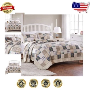 Traditional Plaid Oxford Quilt Set for Twin Beds - Stylish Reversible Design - Picture 1 of 9