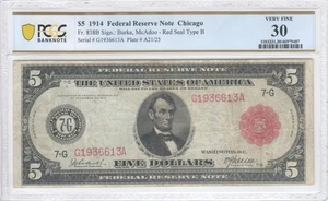 1914 $5 Federal Reserve Note Chicago Red Seal Type B FR.838B PCGS VF30 Banknote - Picture 1 of 2