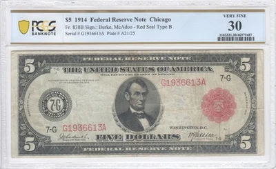 1914 $5 Federal Reserve Note Chicago Red Seal Type B FR.838B PCGS VF30 Banknote - Image 1 of 2