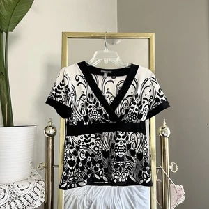 VTG Y2K Whimsigoth B&W Floral Babydoll Blouse Petite Sm Preppy Fairy - Picture 1 of 4