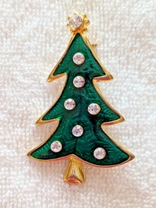 Árbol de Navidad navideño dorado y esmalte verde con prendedor de detalles de diamantes de imitación transparentes - Imagen 1 de 2