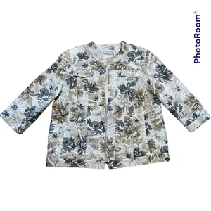 Alfred Dunner Open Front Jacket - Gray & Tan on White Floral Print - Size 18 - Picture 1 of 10