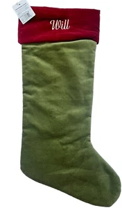 POTTERY BARN CLASSIC VELVET CHRISTMAS STOCKING *WILL* GREEN RED LARGE NEW GIFT - Picture 1 of 2