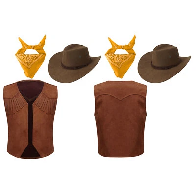 Niños Niñas Conjunto Suave Vaquera Conjunto Frente Abierto Vaquero Disfraz Carnaval Bandana Foto 1 de 3