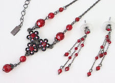 Vintage 1928 Flower Necklace Earring Set Rhinestone Bead Dangle Lariat AB Red