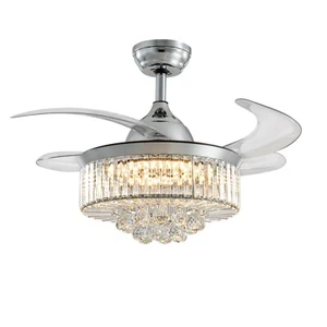 Modern Gold Crystal Ceiling Fan, Fandelier with Remote and Retractable Blades - Picture 1 of 95