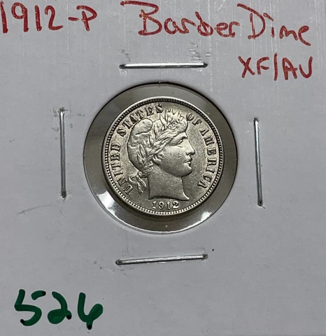 1912 P Barber Dime Xf/AU  Actual Coin In Photos Cover