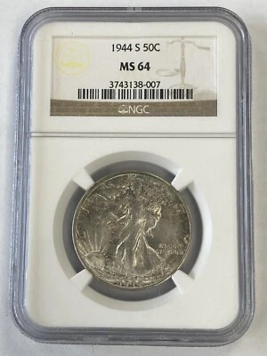 1944-S Walking Liberty Half NGC MS64 Nice Eye Appeal Blue Rim Toning (A) - Image 1 of 4