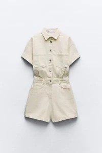 ZARA WOMEN BEIGE Z1975 DENIM 100% COTTON PLAYSUIT SHORT NEW TAG SIZE M 10 POCKET - Foto 1 di 1