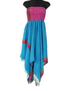 Floral Strapless Summer Dress Two Layer Zig Zag Silk Style Recycled Sari Viscose - Picture 1 of 5