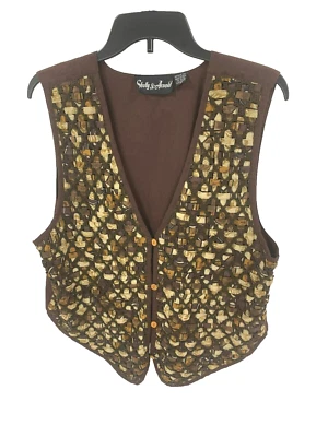 Shelly & Arnold SZ M Brown Weaved Fabric thru Crochet 100% Cotton Vest Foto 1 de 4