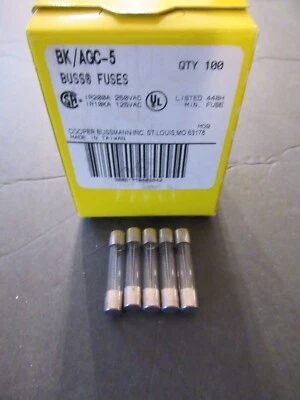 Five (5) Buss AGC-5 AGC 5 Bussmann Glass Fuses, 5 Amp New NOS - Image 1 of 4