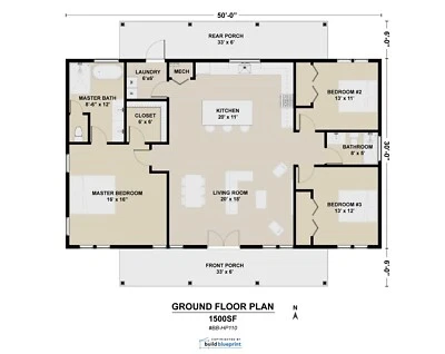 30x50 Modern Farmhouse Custom Architectural Plans 1500SF - PDF Download - Image 1 of 4