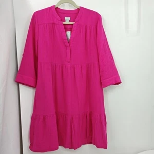 Chicos Peplum Dress Size Medium Pink 3/4 Sleeve V Neck Knee Length with Pockets - Picture 1 of 12