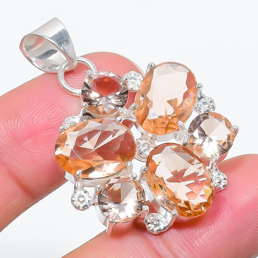 Peach Morganite Gemstone Handmade 925 Sterling Silver Jewelry Pendant Size 1.65" - Image 1 of 1