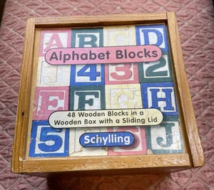 Vintage Schylling 48 ct Wood Alphabet Blocks In Wood Box - Picture 1 of 2