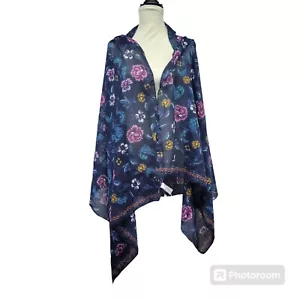 Old Navy Floral Gauze Oblong Wrap Scarf Navy w/ Multi Color Flowers 30" x 70 New - Picture 1 of 7