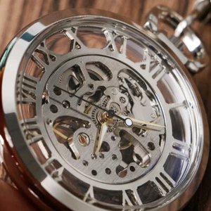 Elegant Classic Transparent Skeleton Silver Mechanical Hand Wind Pocket Watches