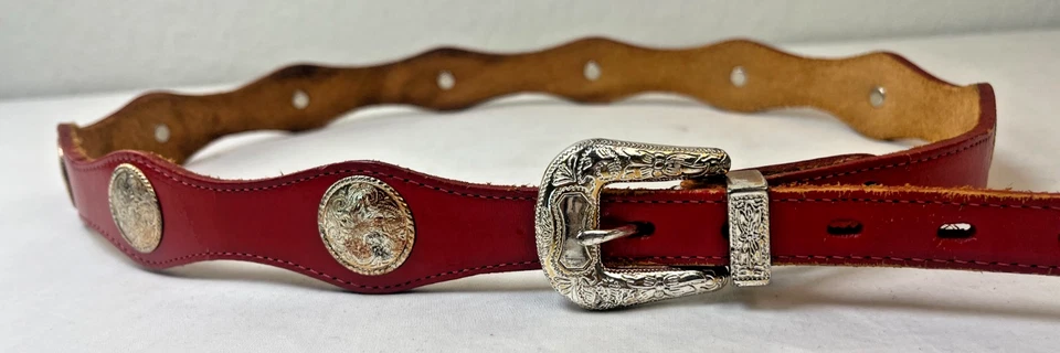 Red Leather Western Concho Belt 36 Scallop Silver Buckle Cowgirl Rodeo Pantina - Image 1 of 4