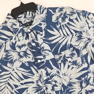 Ralph Lauren 100% Leinen Hemd Herren Medium Button-Down Blau Blumenmuster - Bild 1 von 9