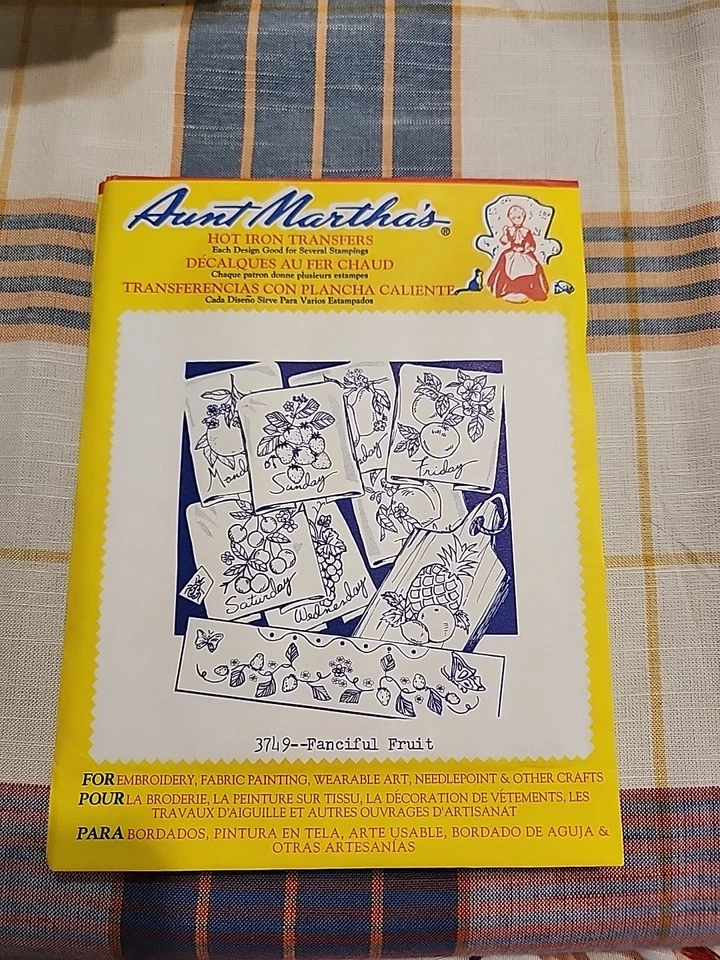 VINTAGE Aunt Martha's IRON-ON Embroidery TRANSFERS - #3749 FANCIFUL FRUIT - Image 1 of 1