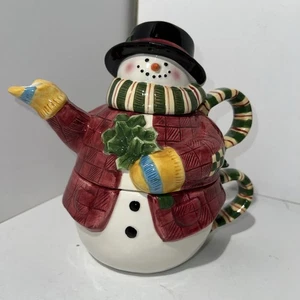 Susan Winget Vintage Christmas Snowman, Stacking Ceramic Tea Pot And Cup Set - Picture 1 of 16