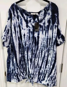 NEW Avenue Sz 30-32 (4X) Tilly Tie Front Navy Blue Tie Dye Top Cold Shoulder - Picture 1 of 12